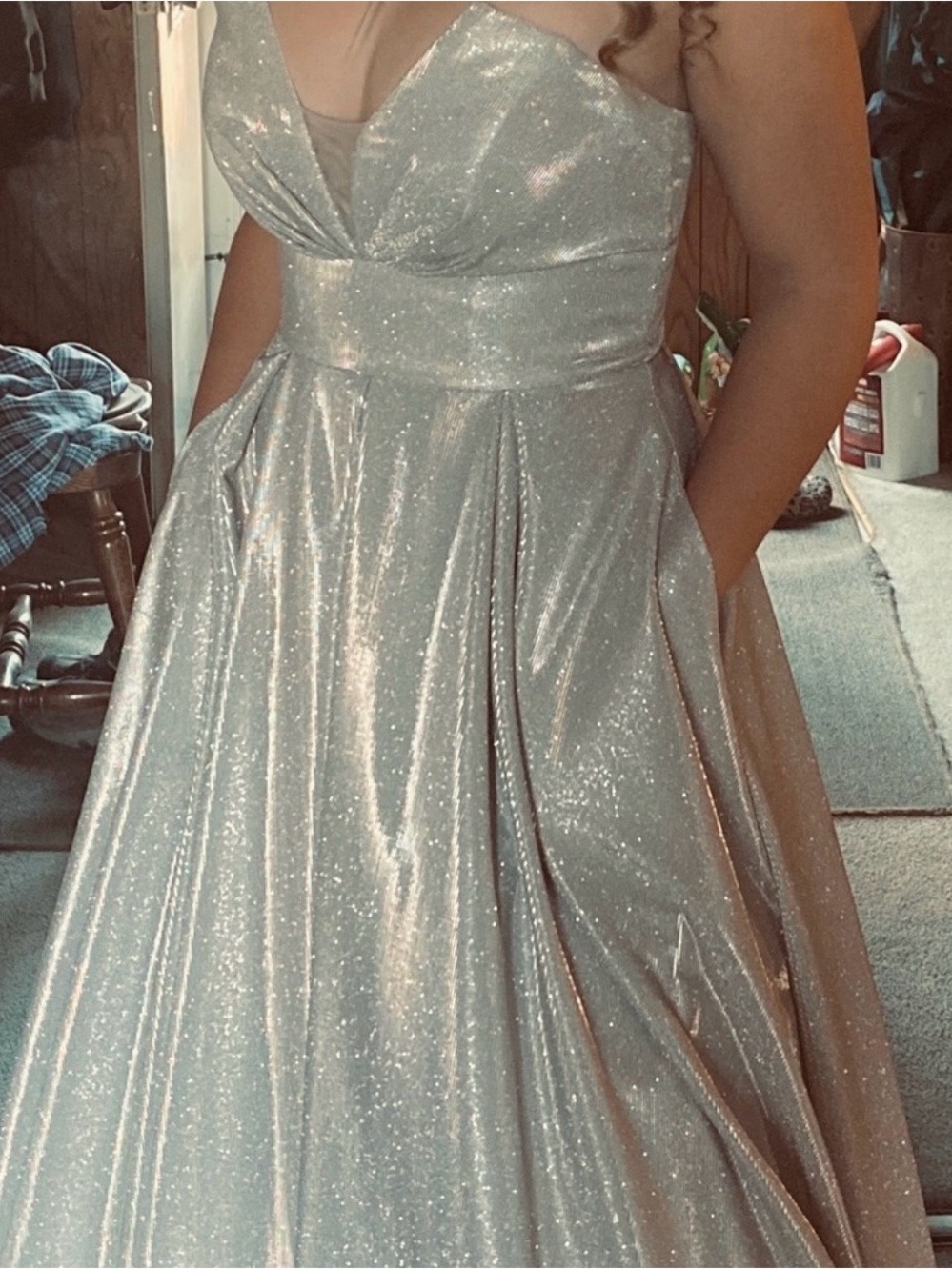 Betsy & Adam Shimmery Taupe Ball Gown silver color